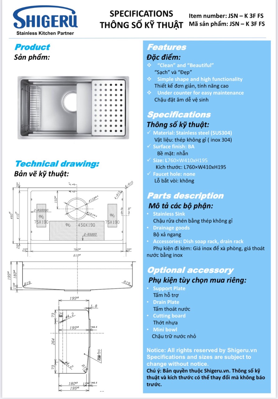 Chậu rửa bát Shigeru JSN - K 3F FS