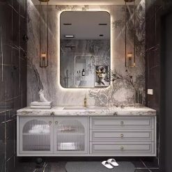 Gương phòng tắm đèn led khung mạ PVD màu vàng