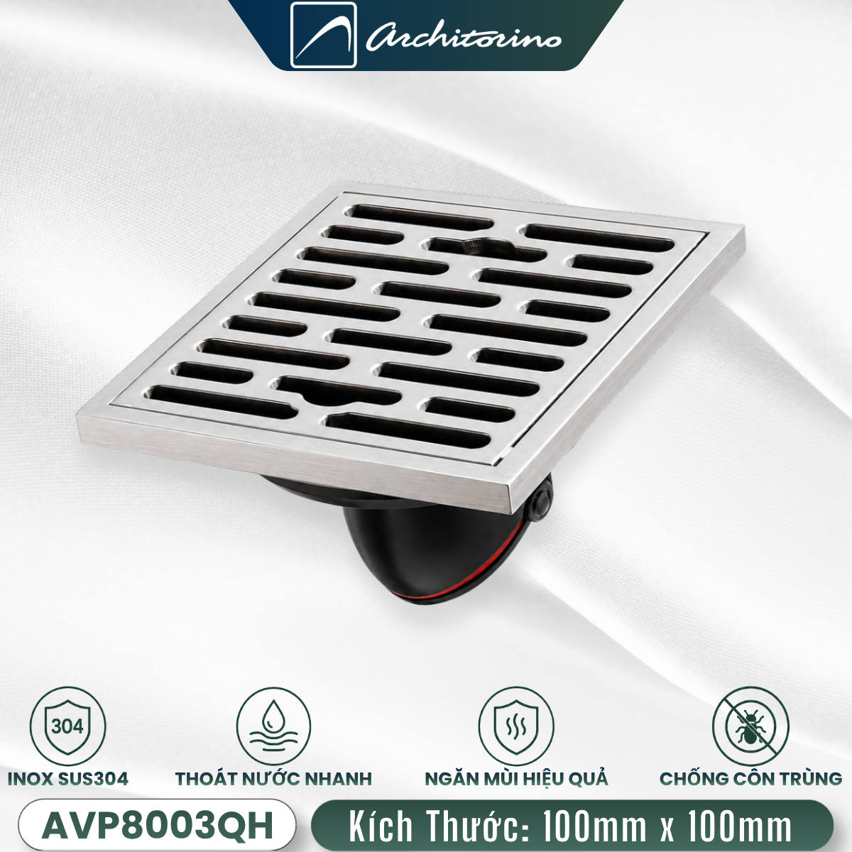 Phễu Thoát Sàn Chống Mùi Inox SUS304 Architorino AVP8003QH