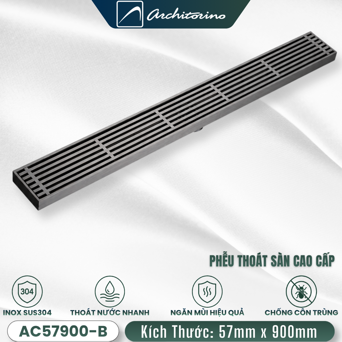 Phễu Thoát Sàn Dài Cao Cấp Inox SUS304 Architorino AC57900-B