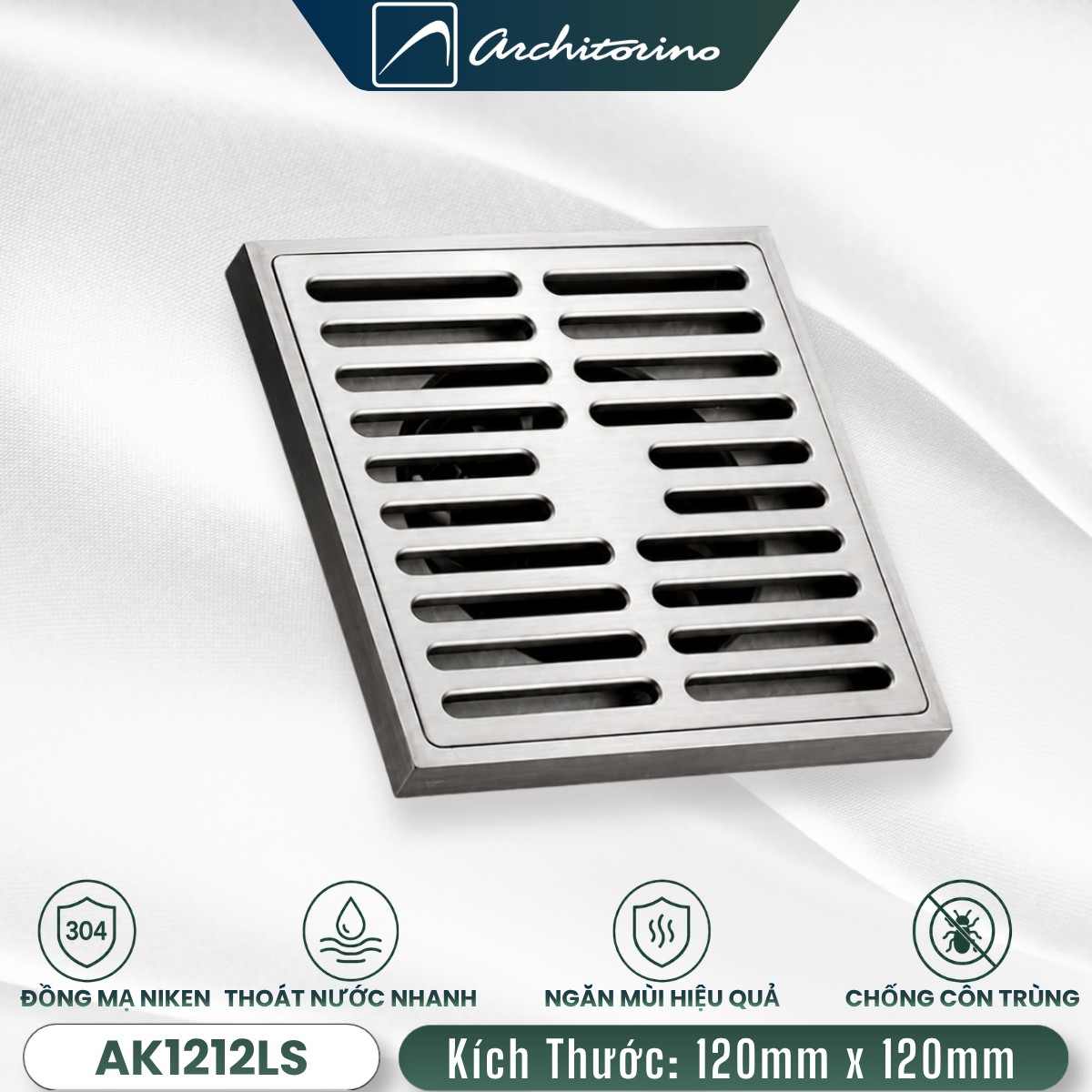 Phễu Thoát Sàn Inox SUS304 Architorino AK1212LS