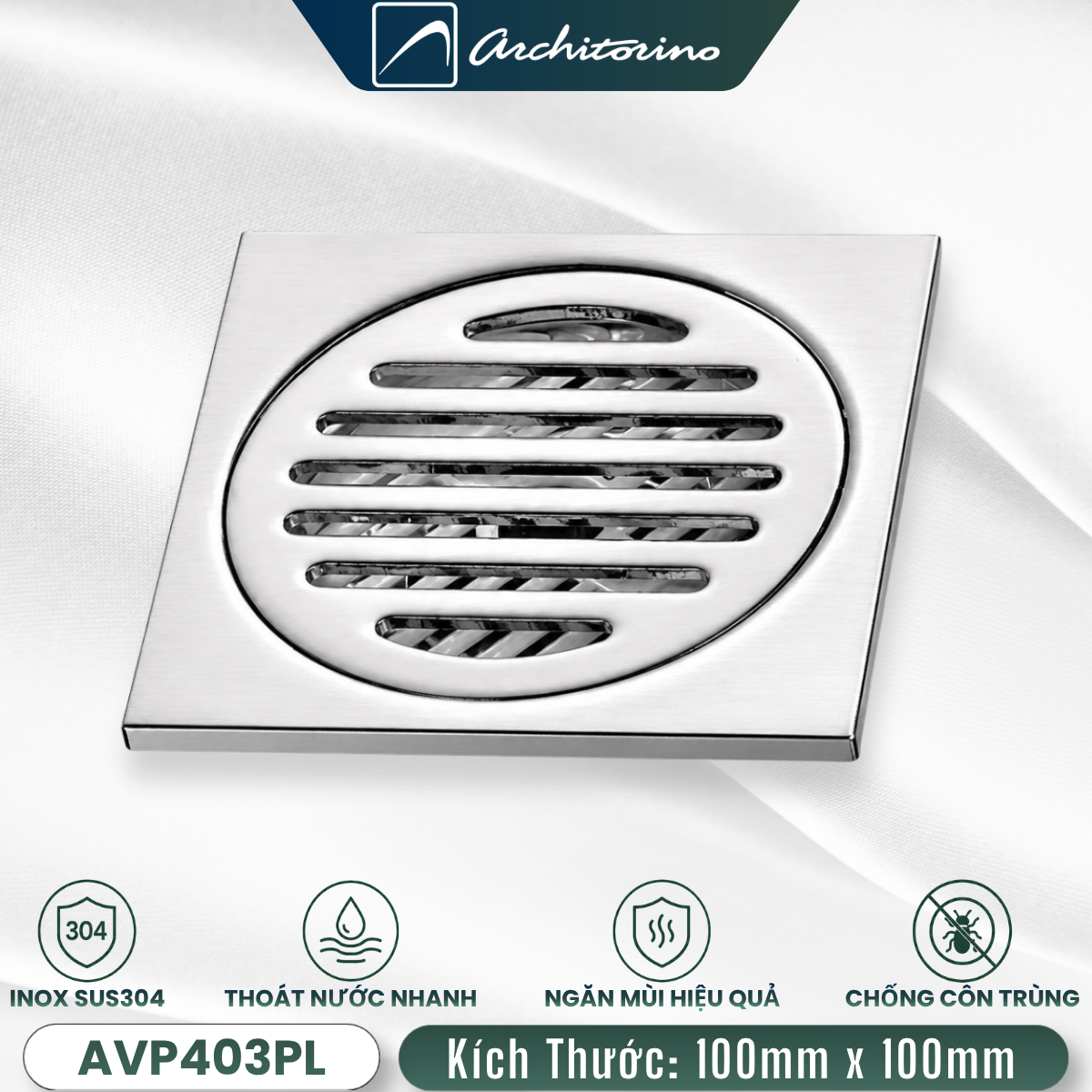 Phễu Thoát Sàn Inox SUS304 Mặt Tròn Architorino AVP403PL