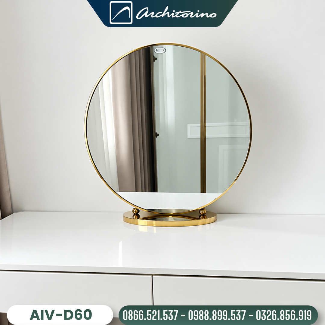 Gương Bàn Trang Điểm Khung Mạ PVD Hình Tròn Có Chân Đế Cao Cấp Architorino AIV-D60