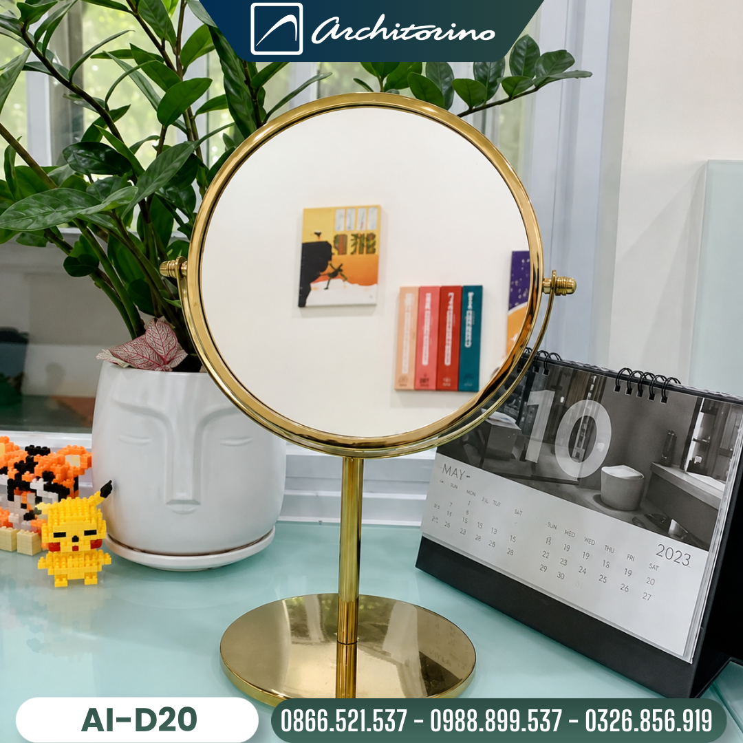 Gương Bàn Trang Điểm Mini Cầm Tay Khung Mạ PVD Architorino AI-D20