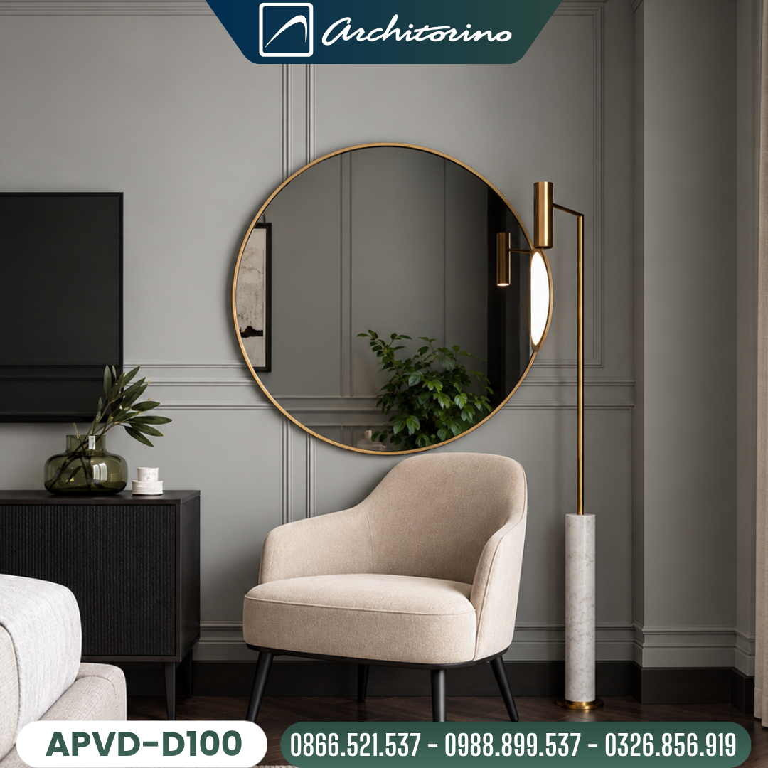 Gương Trang Trí Phòng Khách Khung Mạ PVD Vàng Cao Cấp Architorino APVD-D100